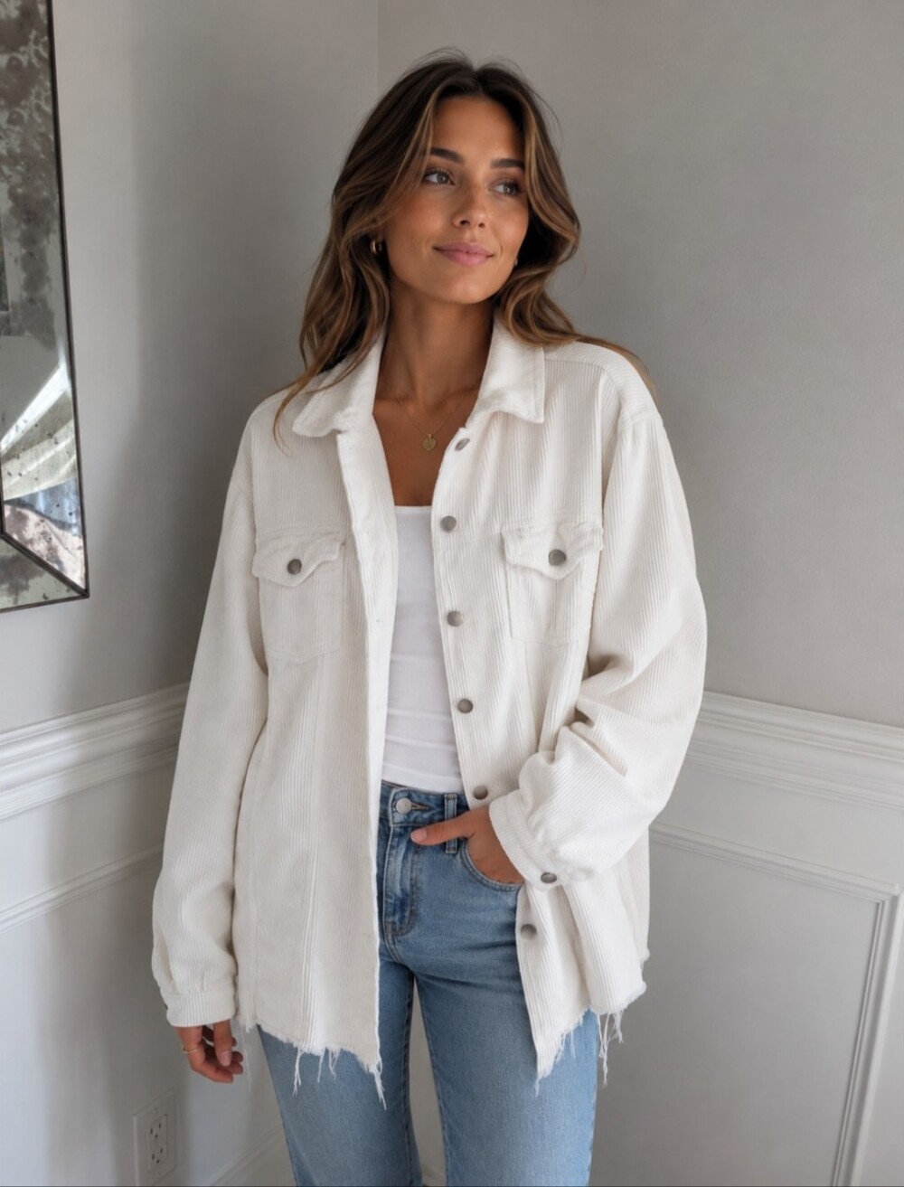 POL White Corduroy Shacket - Women's Oversized Jacket Large